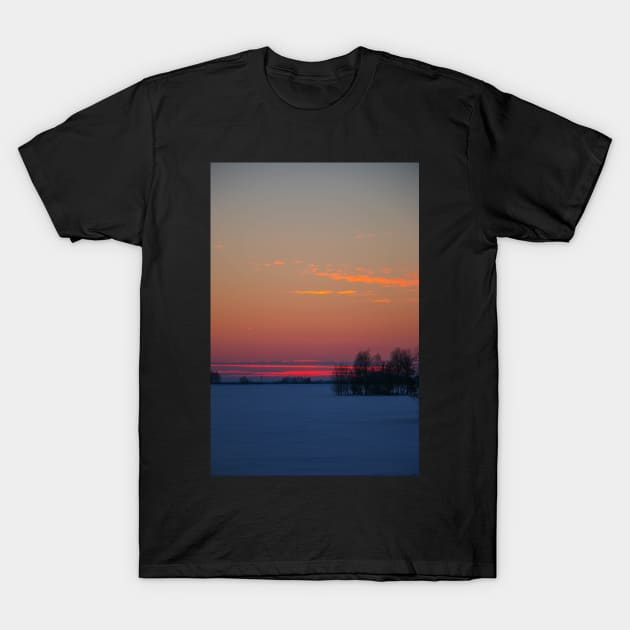 Sunset winter landscape with snow-covered road in violet and pink colors T-Shirt by Olga Berlet